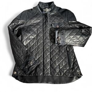 Vintage Coach Leatherwear Quilted Buckle Collar Jacket Navy Black XS